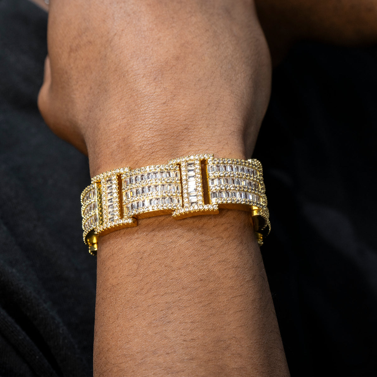 Gold Jewelry -  Mens 14K Gold Iced Out VVS Bar Baguette Presidential Band Bracelet