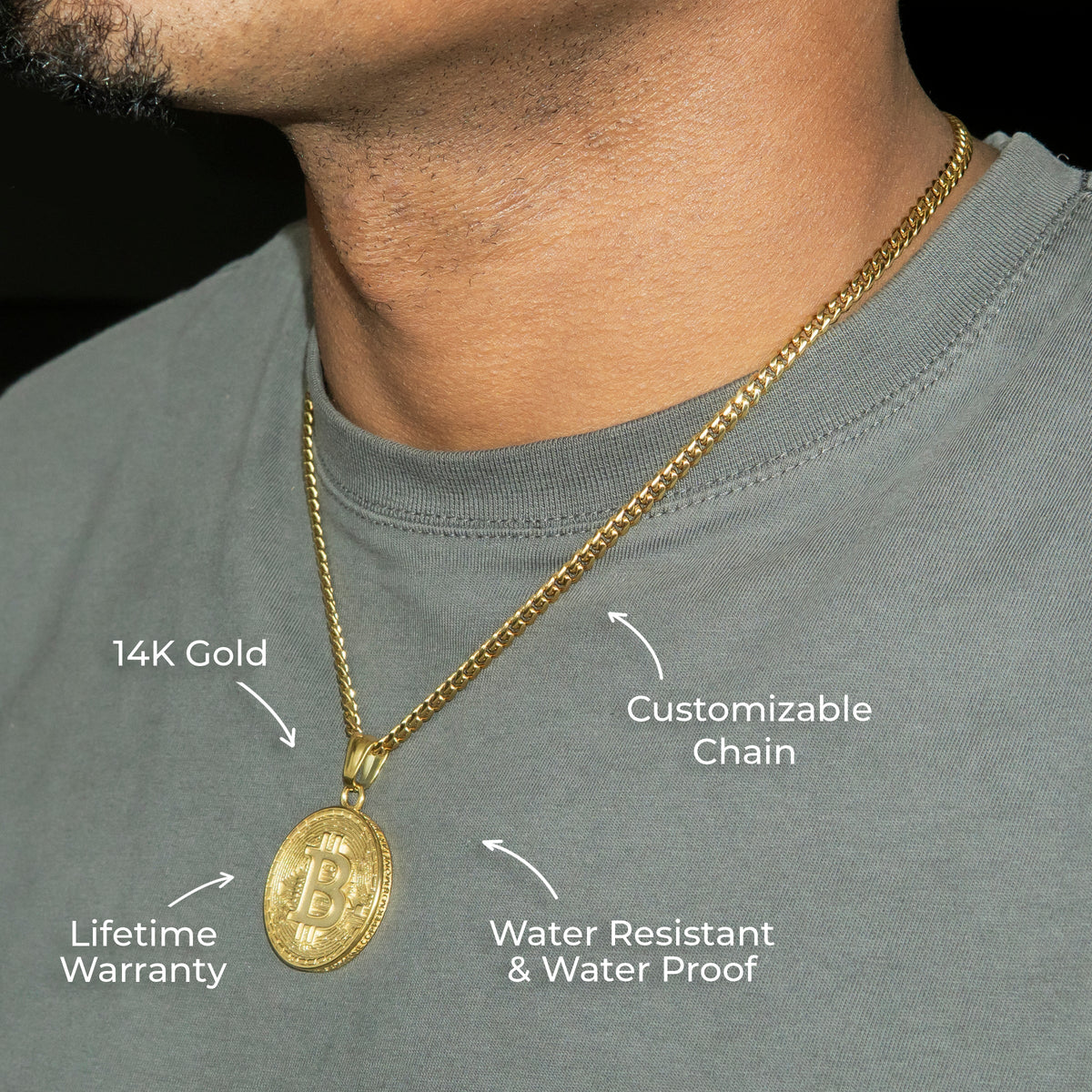 Mens Jewelry - 14K Gold Bitcoin Necklace | Appx. 17 Grams