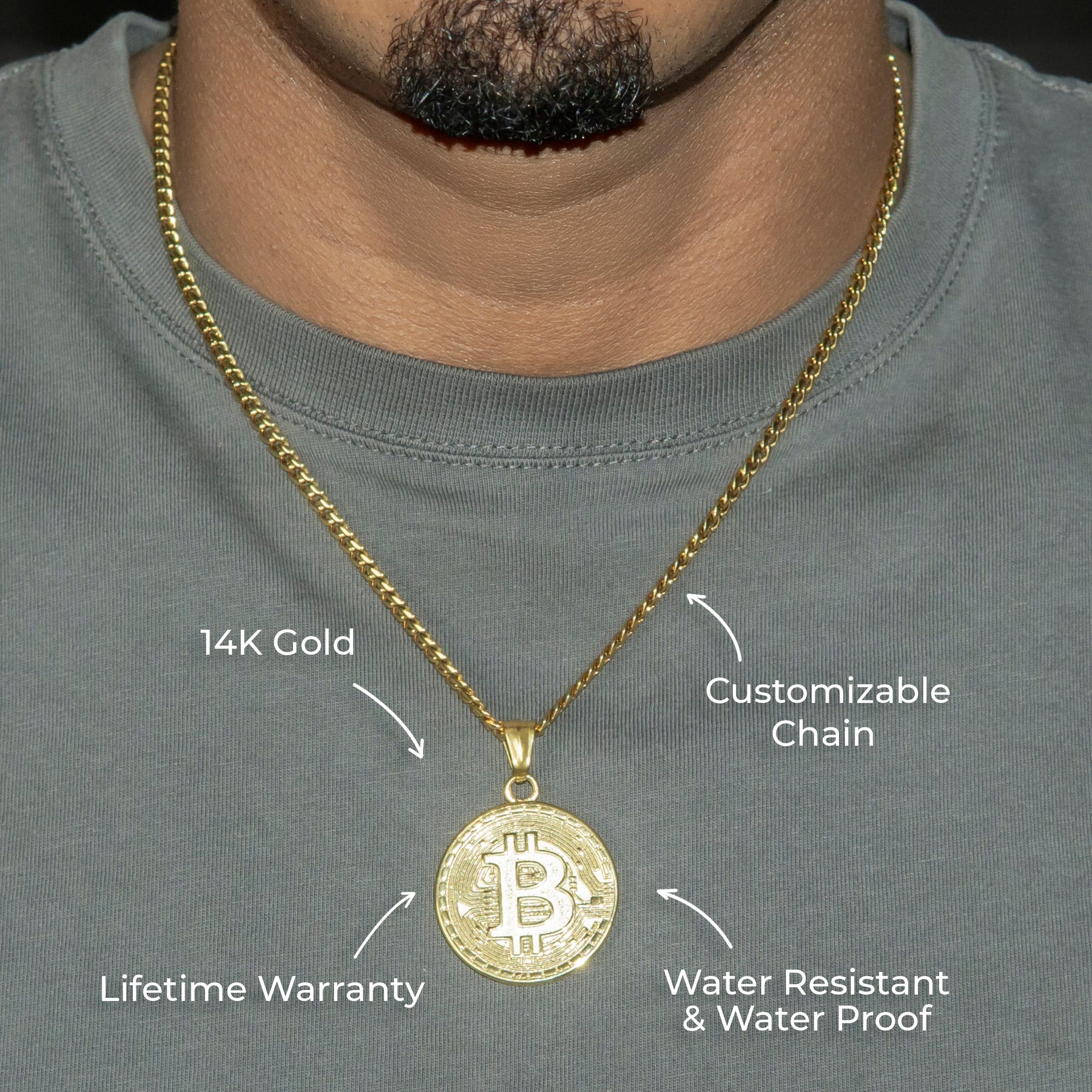 Mens Jewelry - 14K Gold Bitcoin Necklace | Appx. 17 Grams