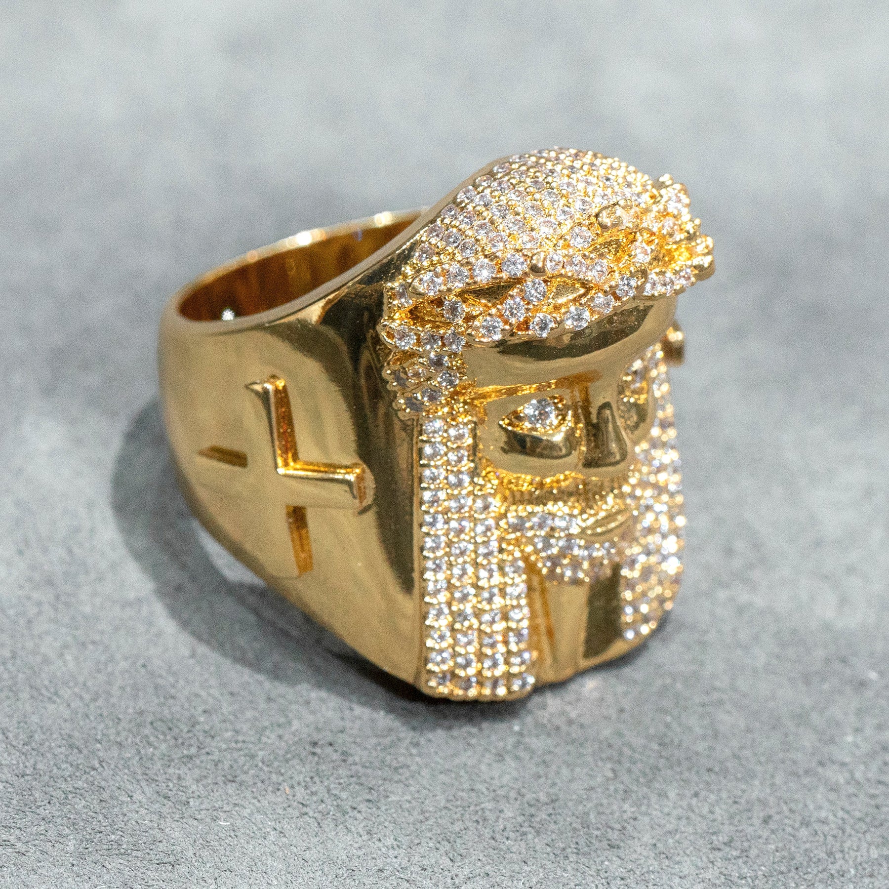 Mens Jewelry - 14K Gold Iced Out VVS Jesus Ring | 14.8 Grams