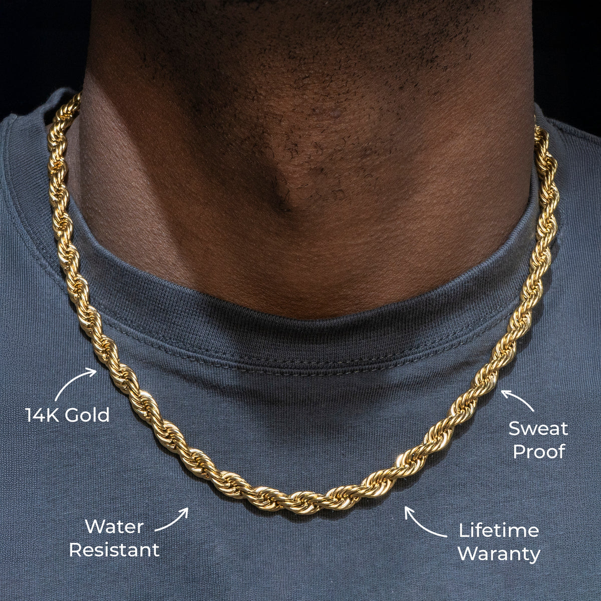 Gold Jewelry -  Mens 14K Gold Chain Solid Rope