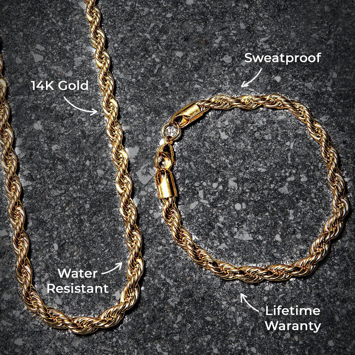 Mens Jewelry - 14K Solid Gold Rope Chain & Bracelet ( 6 Mm )