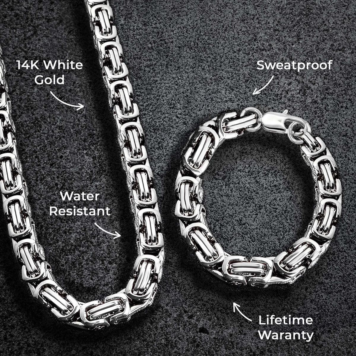 Mens Jewelry - Mens 14K White Gold Byzantine Chain & Bracelet