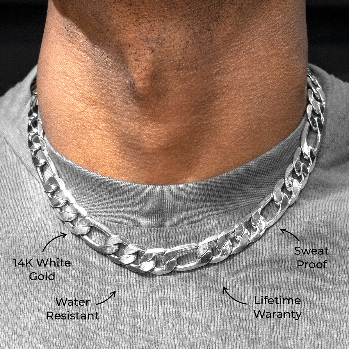 Mens Jewelry - Solid White Gold Figaro Chain & Bracelet