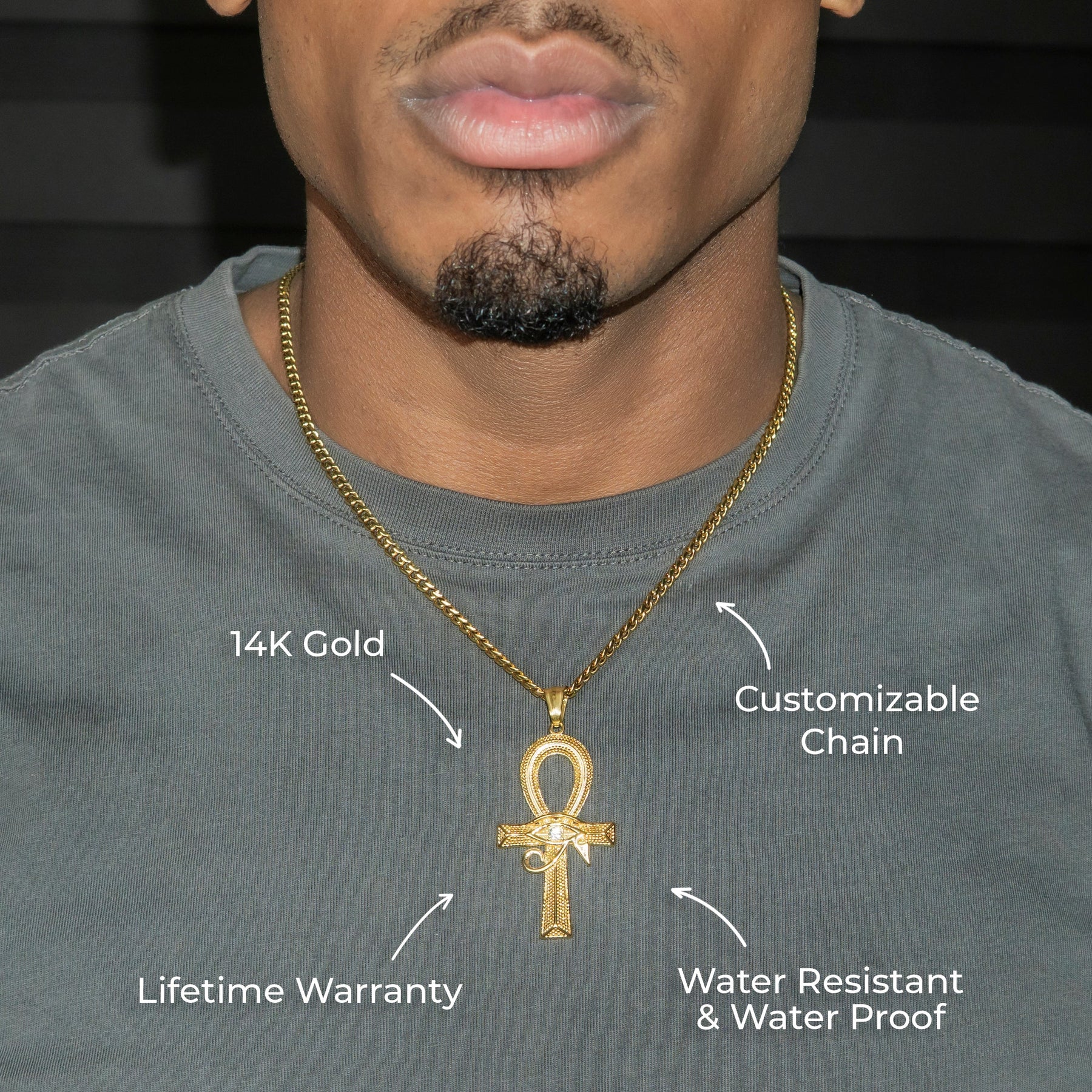 Mens Jewelry - 14K Gold Ankh Eye Of Ra Necklace | Appx. 10 Grams