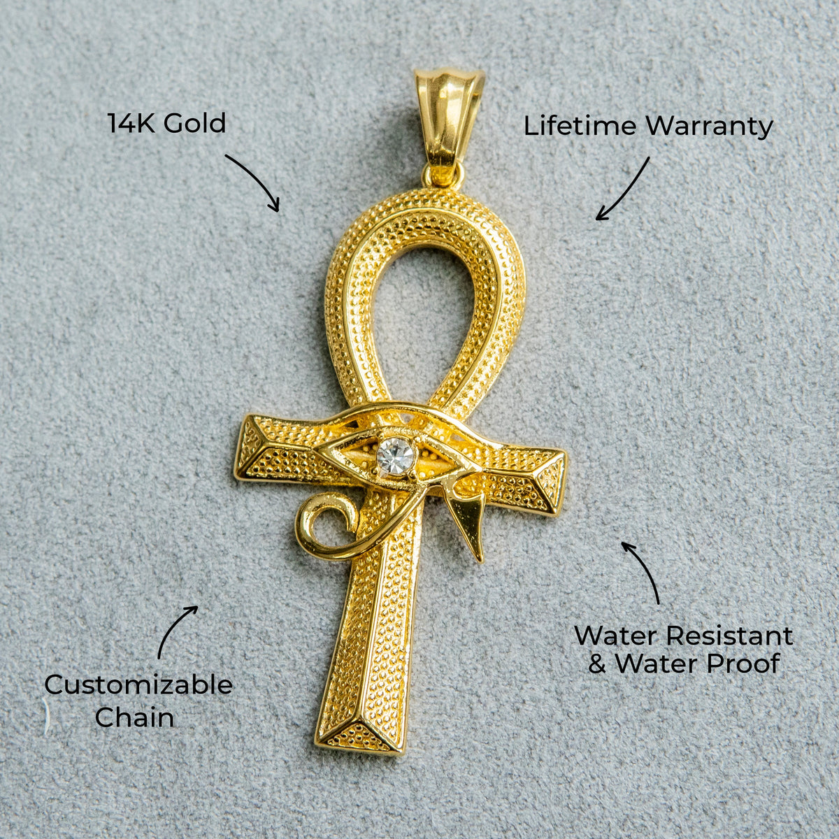 Mens Jewelry - 14K Gold Ankh Eye Of Ra Necklace | Appx. 10 Grams