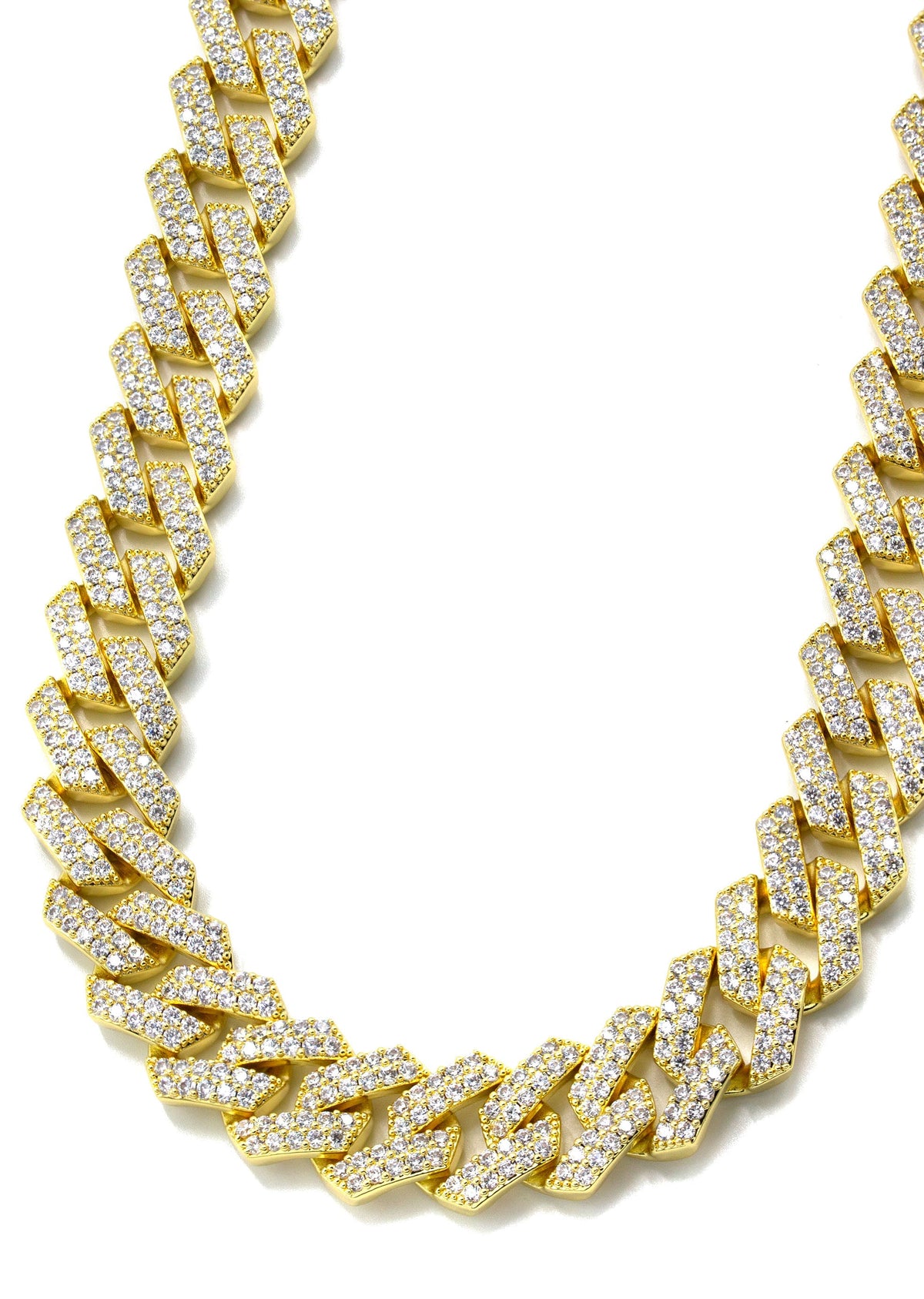 Gold Jewelry -  Mens 14K Gold Iced Out VVS Two Row Prong Set Miami Cuban Link Chain