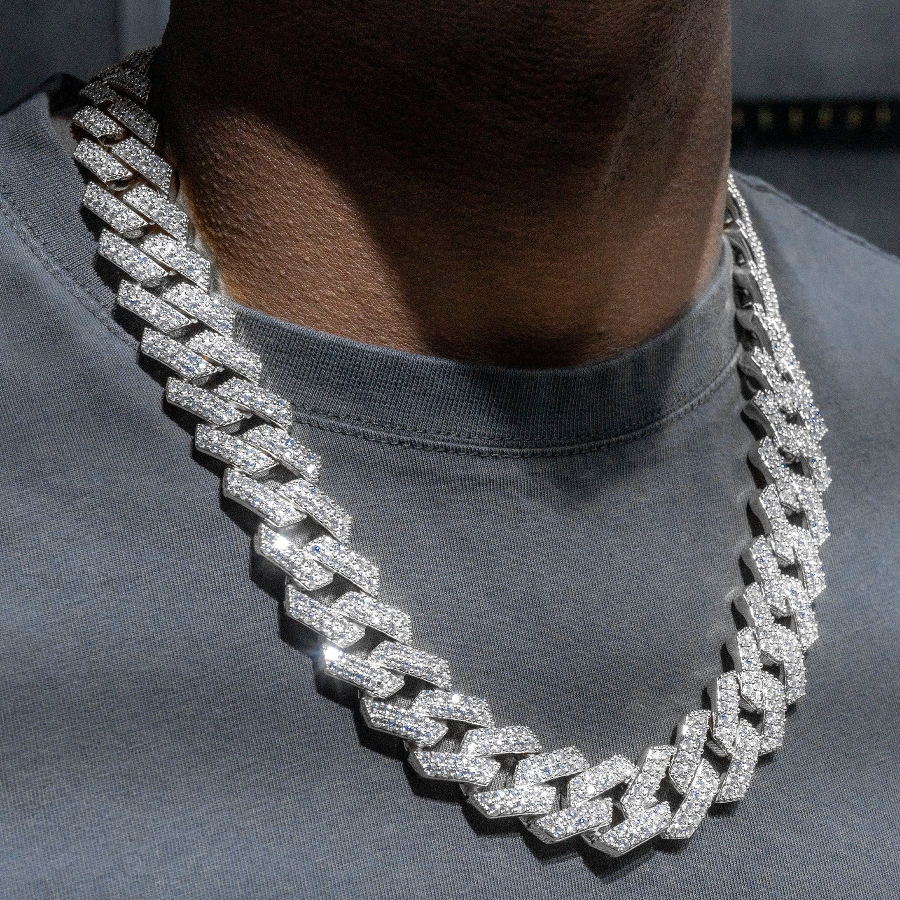 Gold Jewelry -  Mens 14K White Gold Iced Out VVS Prong Set Miami Cuban Link Chain