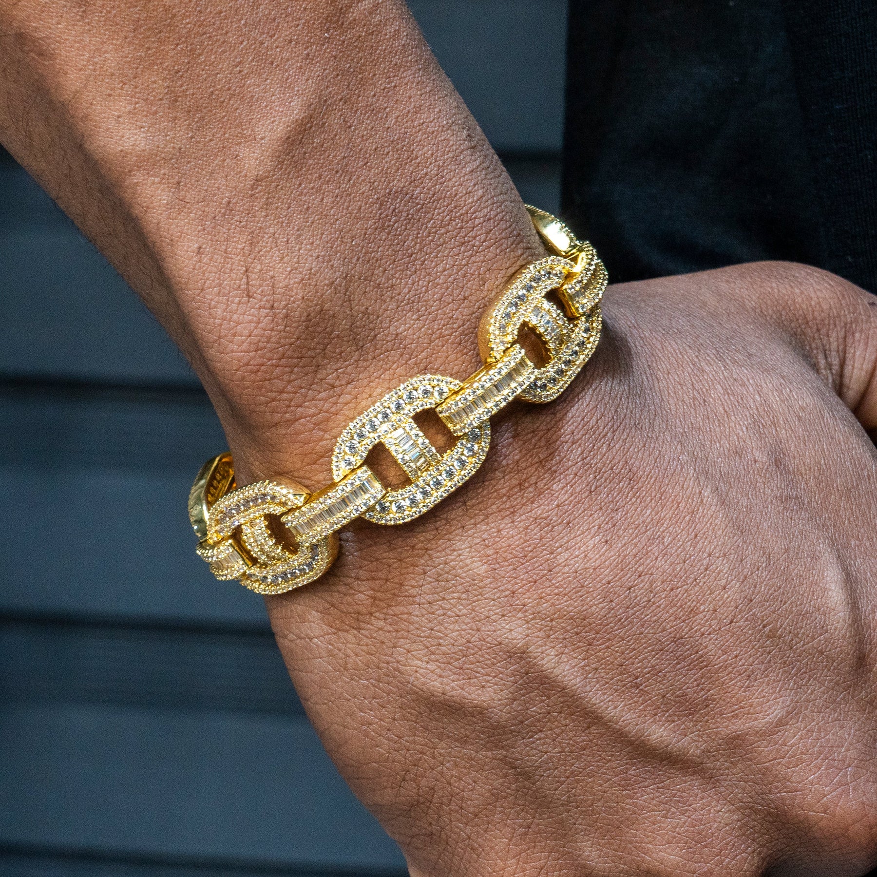 Gold Jewelry -  Mens 14K Gold Iced Out VVS Baguette Mariner Bracelet