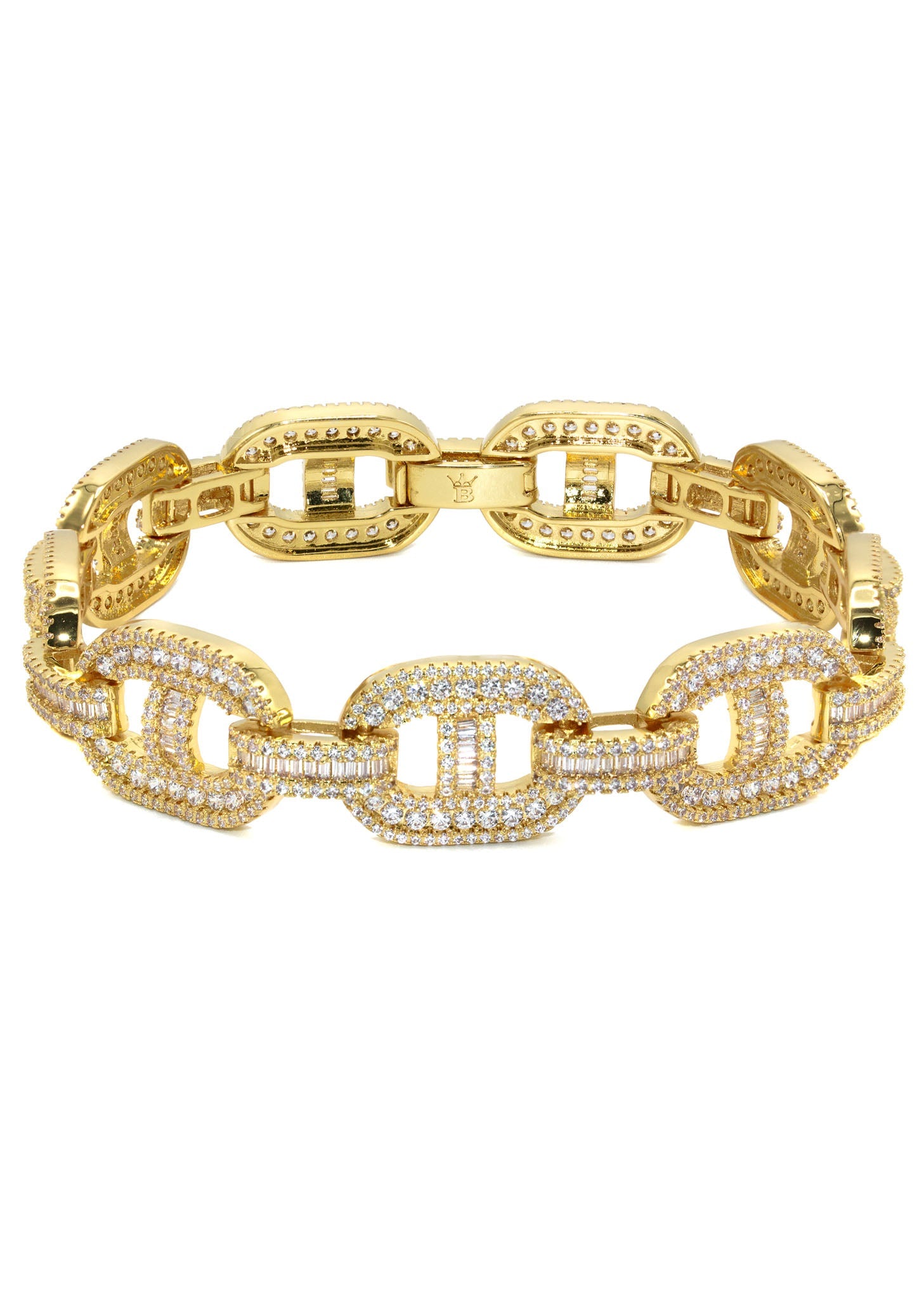 Gold Jewelry -  Mens 14K Gold Iced Out VVS Baguette Mariner Bracelet