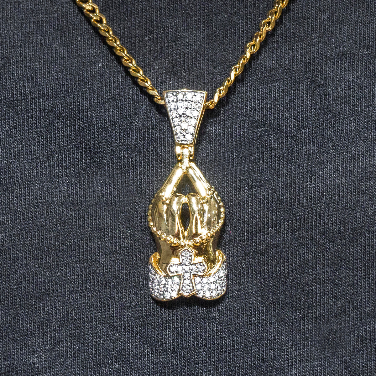 Mens Jewelry -  Gold Iced Out VVS Praying Hands Necklace | Appx. 12 Grams