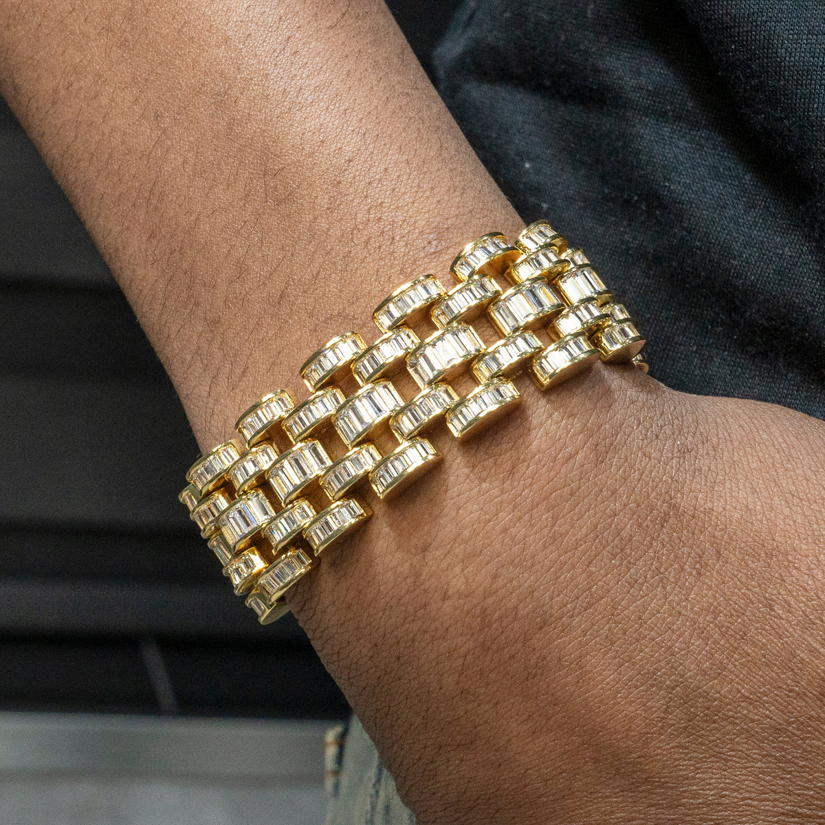 Gold Jewelry -  Mens 14K Gold Iced Out VVS Baguette Presidential Band Bracelet