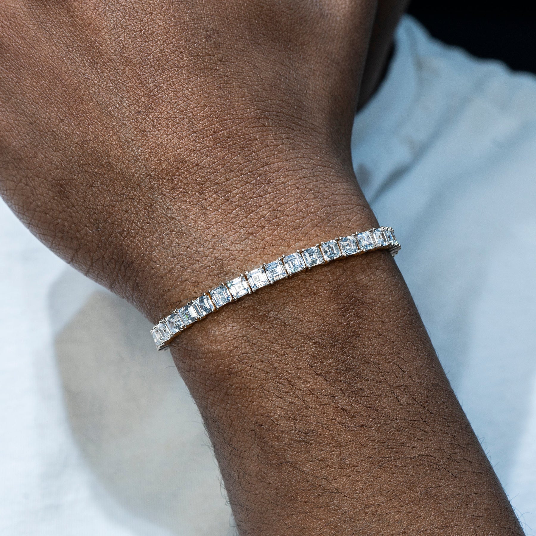 Gold Jewelry -  Mens 14K White Gold Asscher Cut Iced Out VVS Tennis Bracelet
