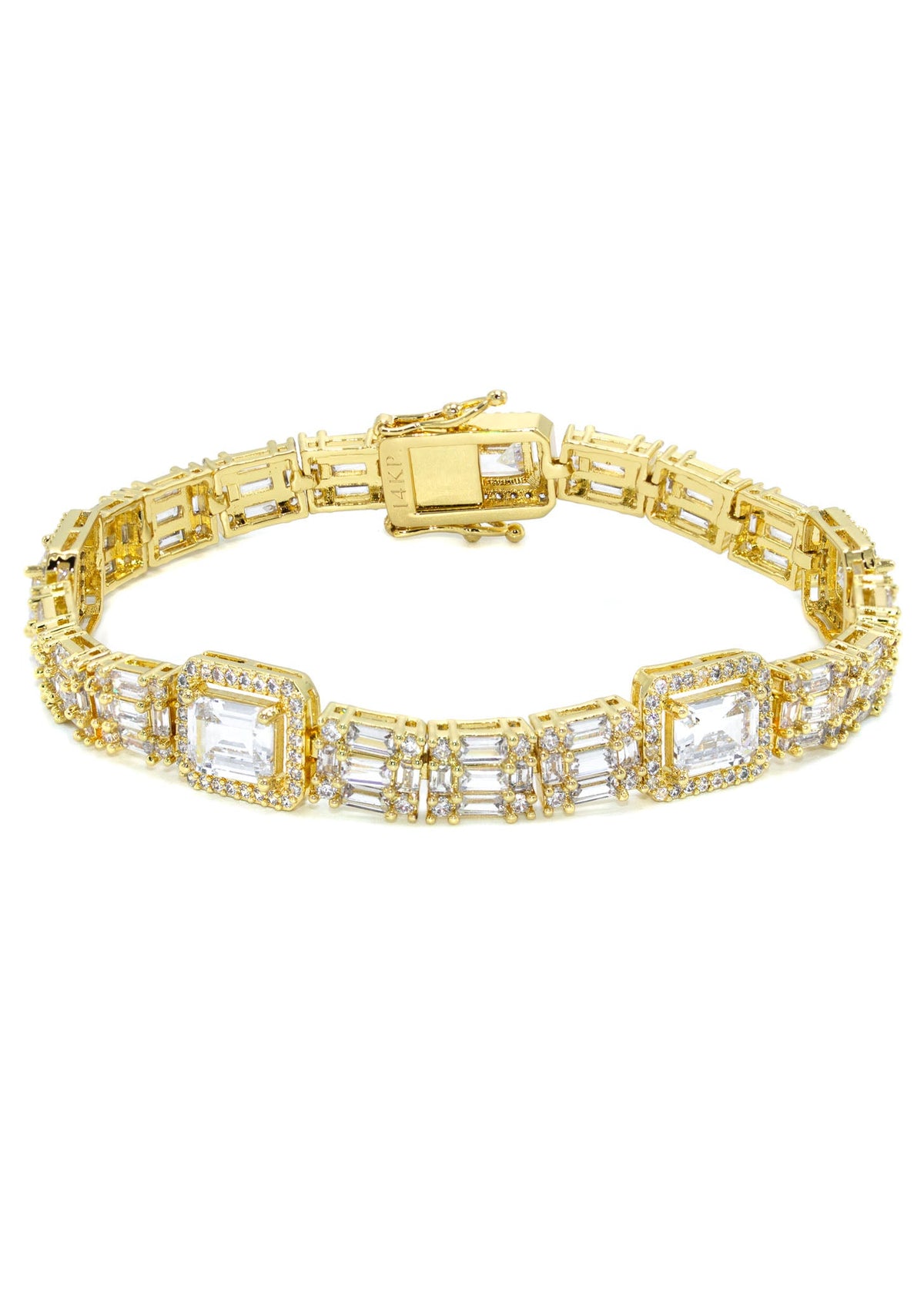 Gold Jewelry -  Mens 14K Gold Baguette Cluster Iced Out VVS Tennis Bracelet