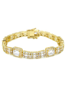 Gold Jewelry -  Mens 14K Gold Baguette Cluster Iced Out VVS Tennis Bracelet
