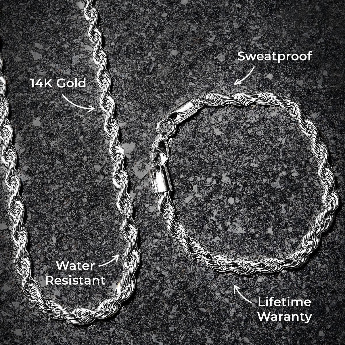 Mens Jewelry - 14K Solid White Gold Rope Chain & Bracelet ( 6 Mm )